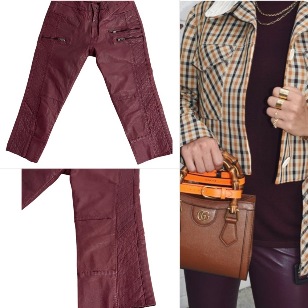 BERENICE 👼🏻 Burgundy 100% Leather Quilted Moto Ankle Pants